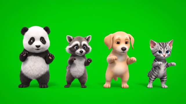 Cute animals standing on green background.