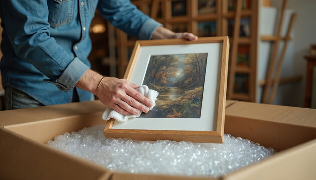 Man carefully wipes framed painting with cloth. Prepares artwork for shipping inside bubble wrap filled box. Protects fragile art object from damage. Careful packaging for transit and delivery.