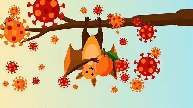 Cartoon Bat Hanging on Tree Branch Holding Fruit with Floating Virus Particles Symbolizing Zoonotic Disease Risk