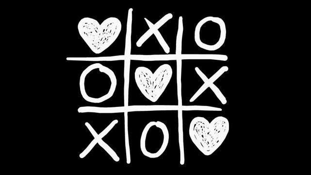 Wiggly hand-drawn tic-tac-toe game with hearts on transparent background