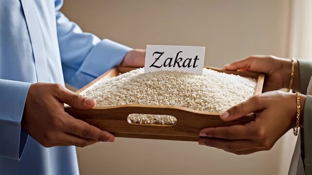 Hands Exchanging Zakat Rice Tray During Ramadan Symbolizing Islamic Charity and Mutual Giving