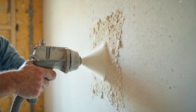 Builder sprays plaster mix onto interior wall using plastering machine. Worker applies wet stucco material for smooth surface finish. Construction professional renovates house during building process.