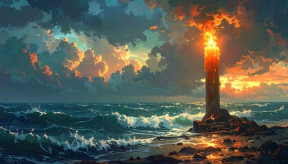 A tall candle ablaze on a small, rocky island. Dramatic clouds and ocean waves frame the sunset and the lone flame