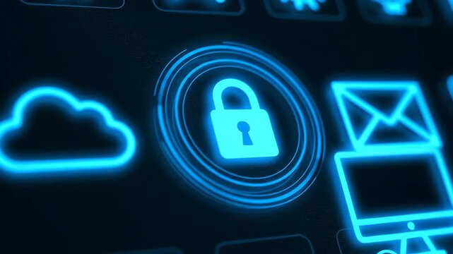 Glowing blue neon secure padlock icon on a dark digital network background with cloud and mail icons.