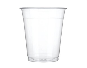 A tall, clear plastic cup with a slightly flared rim and base, ready to be filled, sits on a white background