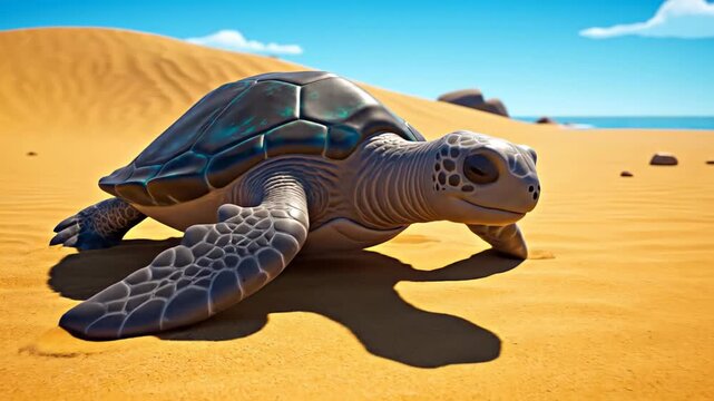Happy 3D cartoon turtle walking on a sunny desert beach towards the ocean. Cute animal animation for children media