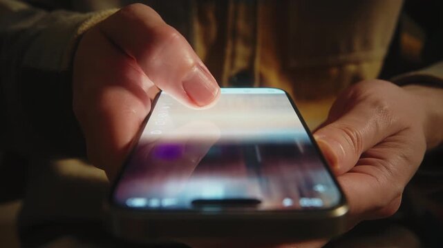 Close-up male hand in casual jacket scrolling social media feed on smartphone at night. Swipe motion blur on phone screen. Evening online browsing, digital lifestyle, content consumption, technology