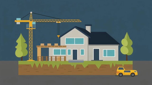 Residential house under construction with crane behind it, representing development progress, architectural planning, and infrastructure growth in a suburban environment.