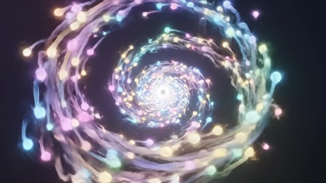 Colorful 3d cartoon animation of luminous particles swirling into a vibrant spiral. Abstract light trail visual for artistic background design