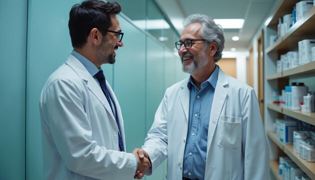 Two doctors shake hands in medical building hallway. One doctor older with grey hair, beard, younger. Shelves with medicines in background. Represents partnership, agreement, health care success.