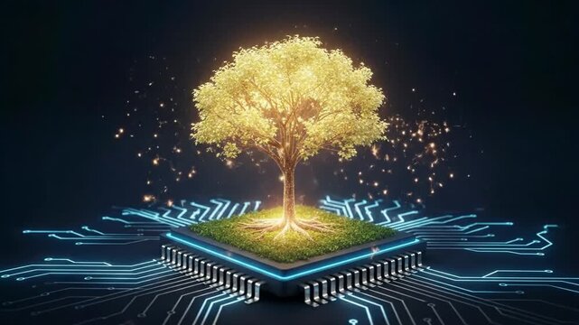 Tree growing from computer chip shows nature and technology together in modern setting