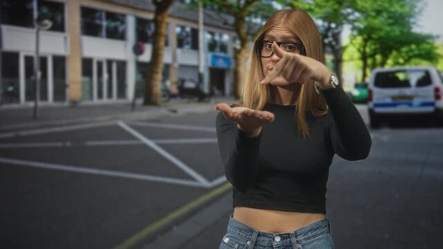 Woman with palm up and pointing finger on a street by a building and parked van; confidence request.