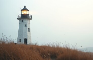 White lighthouse tower on grassy hill. Beacon light shines through mist. Birds fly over calm sea horizon. Tall structure guides ships at shore.