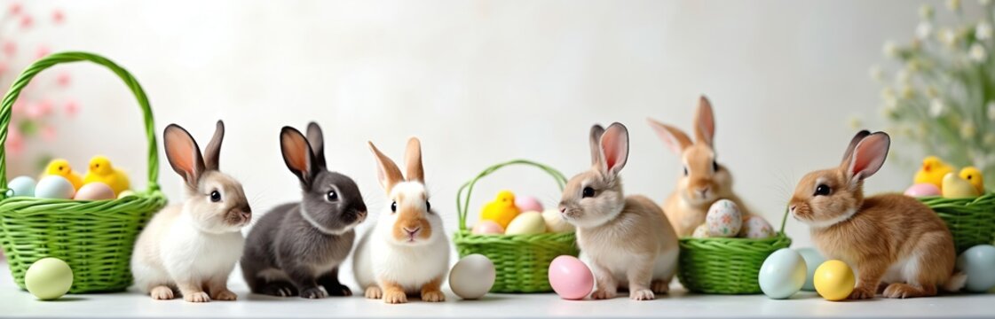 Group of cute baby bunnies sit near green baskets filled with colorful easter eggs and yellow chicks. Spring celebration concept. Many small rabbits with long ears.