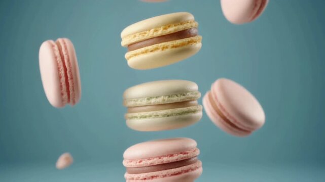 Colorful macarons floating in air with soft pastel tones creating playful dessert composition with light elegant mood.