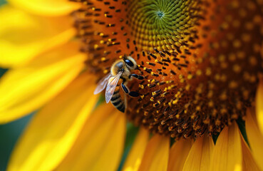 Striped bee gathers nectar from bright yellow sunflower center. Insect works on huge bloom petals. Pollination in progress, summer nature scene.