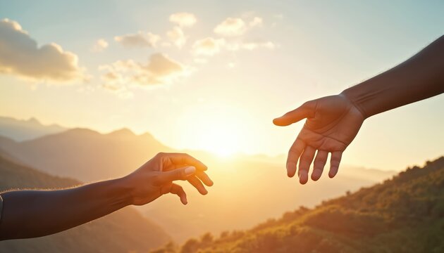 Two hands reach towards each other across mountain landscape at sunset symbolizing hope help togetherness and connection. One person offers support to another.