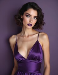 Fototapeta premium Brunette woman poses in studio wearing purple satin dress. Short curly hair and dramatic makeup highlight her face. Elegant lady with confident expression.