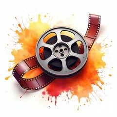 Film reel with colorful paint splashes. Vintage movie camera film strip unwinds creatively. Old cinema element on white background for movie projects.