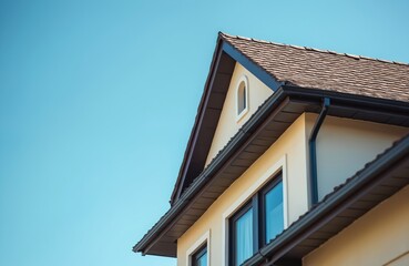 New house roof with brown shingles and dark gutters against clear blue sky. Residential building exterior shows modern architecture and construction detail. Beige walls have framed windows.