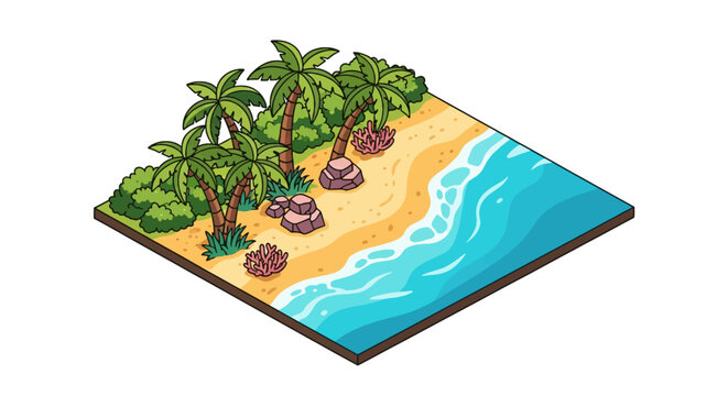 Isometric cartoon tropical island beach tile with palm trees and ocean