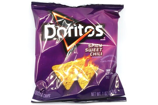 Doritos Snack chips. Originated in 1966, Doritos became the first tortilla chip available nationally in the United States. The product in produced by Frito-Lay/PepsiCo