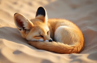 Fototapeta premium Fennec fox sleeps curled in soft sand. Small wild canine rests on dune under warm golden hour light. Desert animal fur glows. Peaceful sleepy scene.