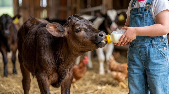 Young farmer feeding a black Angus calf with a milk bottle in a rustic barn. Agritourism dairy farm education. Youth Agricultural Livestock Learning Program. 
