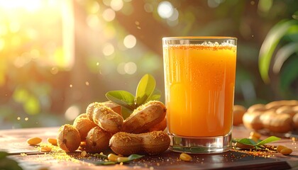 A tall glass of golden-colored liquid sits next to a pile of peanuts on a wooden surface, with bokeh background