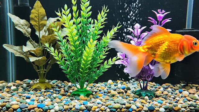 Goldfish swimming in an aquarium with artificial plants and colorful gravel. Pet fish in a home tank. Aquatic life habitat