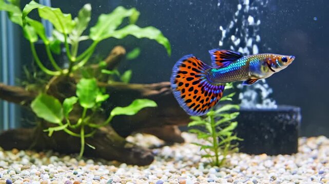 Colorful guppy fish swimming in a freshwater aquarium. Vibrant tropical fish with spotted tail among aquatic plants and gravel