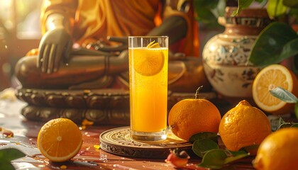 A tall glass of orange-colored beverage is featured, alongside oranges. A statue sits in the background