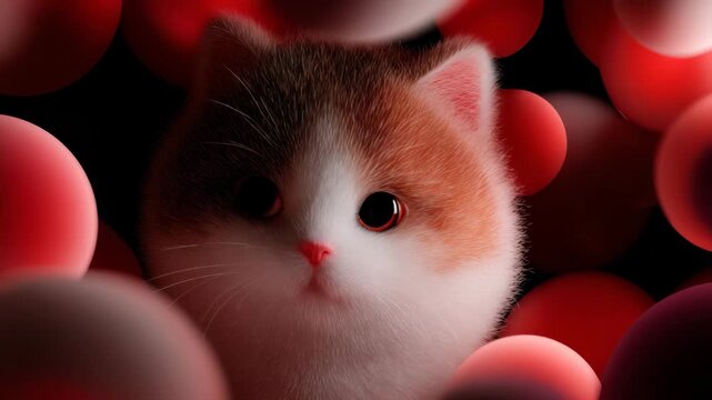 Kitten Surrounded by Red Spheres: A Whimsical Portrait