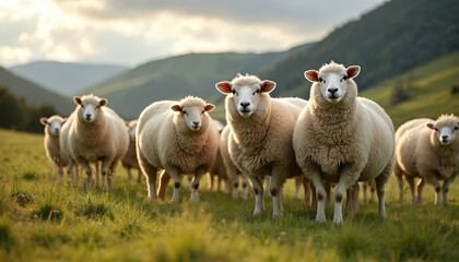 Obraz premium Flock of merino sheep graze in green grassy field. Woolly farm animals stand in rural countryside landscape with rolling hills. Livestock herd on pasture under soft sky.