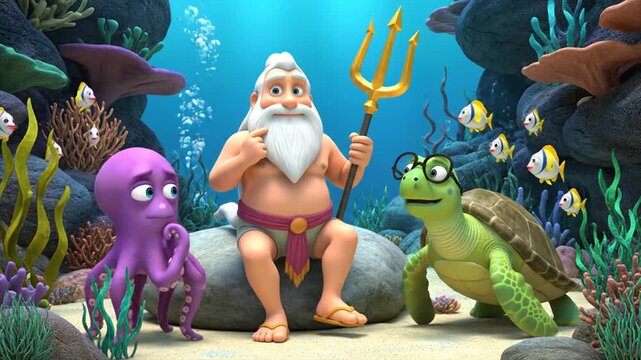 King Neptune with sea creatures underwater.