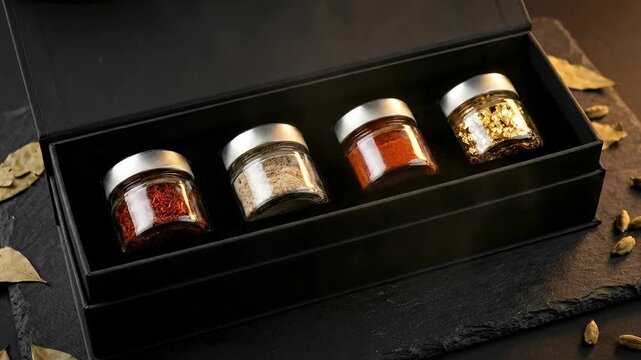 Discover spices in jars for cooking and seasoning in a black box with nice details and clean design