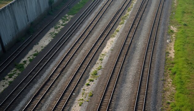 Multiple railway tracks from above with concrete wall on one side and green grass on the other. Industrial area with many parallel lines leading to destination.