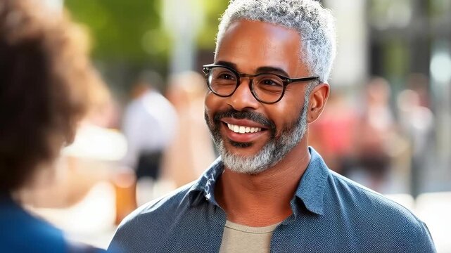 Smiling Conversation: An attractive individual, exuding warmth and charm, engages in a friendly dialogue, the perfect embodiment of approachable sophistication.