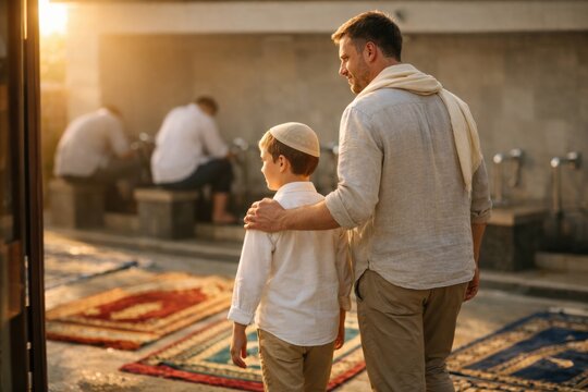 Muslim father and child walk into an ablution area for Eid prayer, bathed in golden hour light with prayer mats visible.