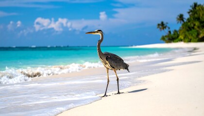 A tall, grey heron stands gracefully on a pristine, white-sand beach. Turquoise water laps the shore under a blue sky