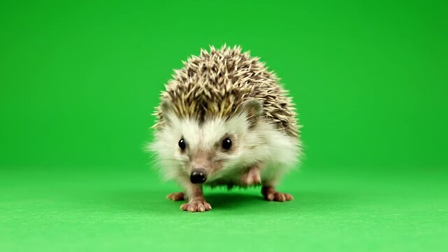 Cute little hedgehog on green background.