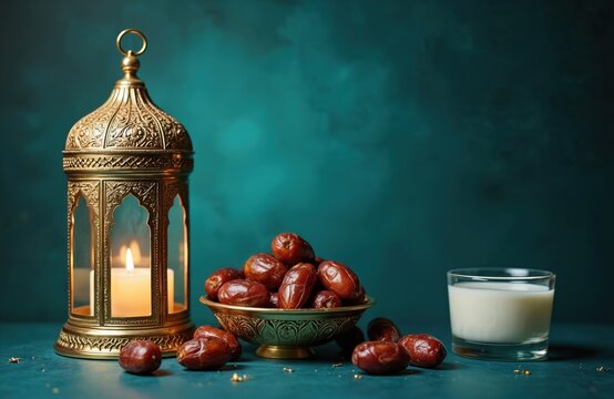 Golden Ramadan lantern with lit candle sits near bowl of dates and glass of milk on dark teal surface. Traditional Islamic elements for Iftar meal.