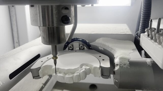 Close up. Professional CNC dental milling machine carving out shape of artificial teeth in the dental lab. One of the steps in making of artificial teeth by dental technician in the clinic.
