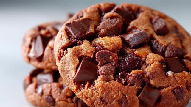 Chubby Chocolate Chip Cookie: Close-up of stack of tempting chocolate chip cookies, each adorned with generous chunks of rich dark chocolate.