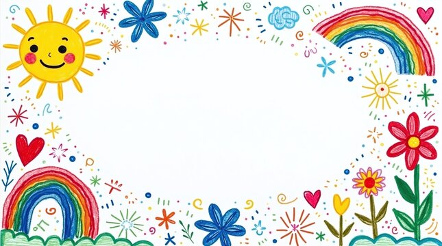 pencil drawn border frame made of cute childish elements, featuring sun, flowers, rainbow and other