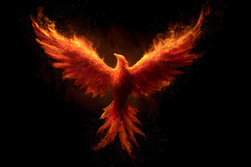 Fototapeta premium Fire bird rises in flames against dark background in a display of power and transformation