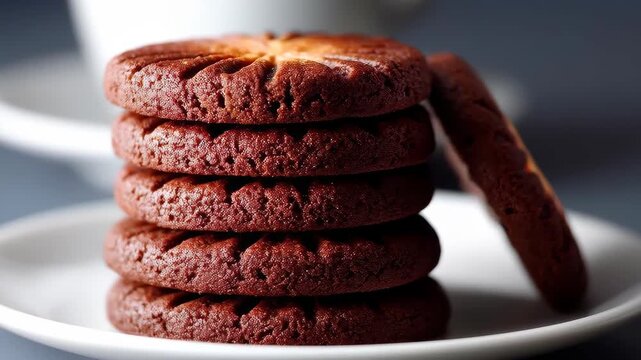 Chocolate Biscuit Tower: An inviting tower of rich, dark chocolate biscuits is artfully arranged on a pristine white plate, promising a moment of pure indulgence.