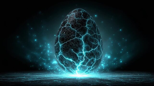 A large, cracked egg glows intensely with electric blue energy against a dark backdrop