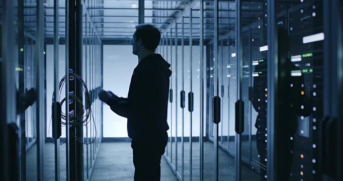 A person in silhouette working in a dimly lit, blue-toned server room or data center, surrounded by racks of glowing computer equipment.