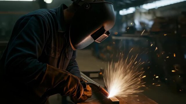 Welder in Action: A skilled artisan, clad in protective gear, meticulously welds metal, creating a mesmerizing display of sparks and heat.